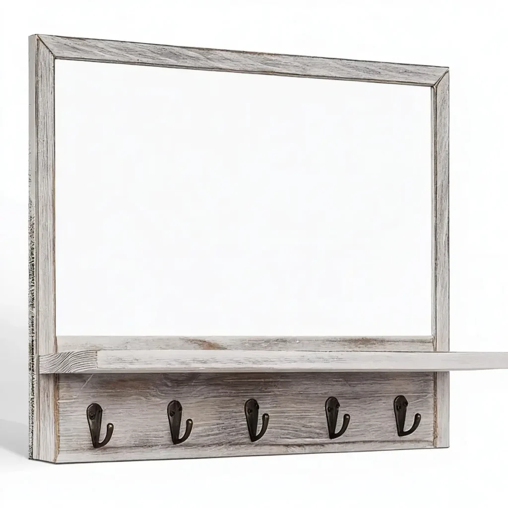 Rustic Gray Whiteboard Wall Organizer with Shelf and Hooks