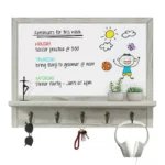Rustic Gray Whiteboard Wall Organizer with Shelf and Hooks