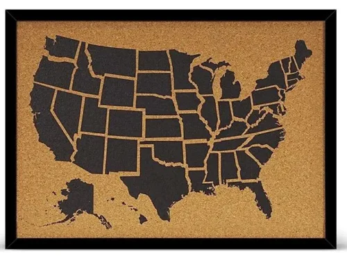 Tablero de anuncios de corcho con mapa de EE. UU. y marco negro