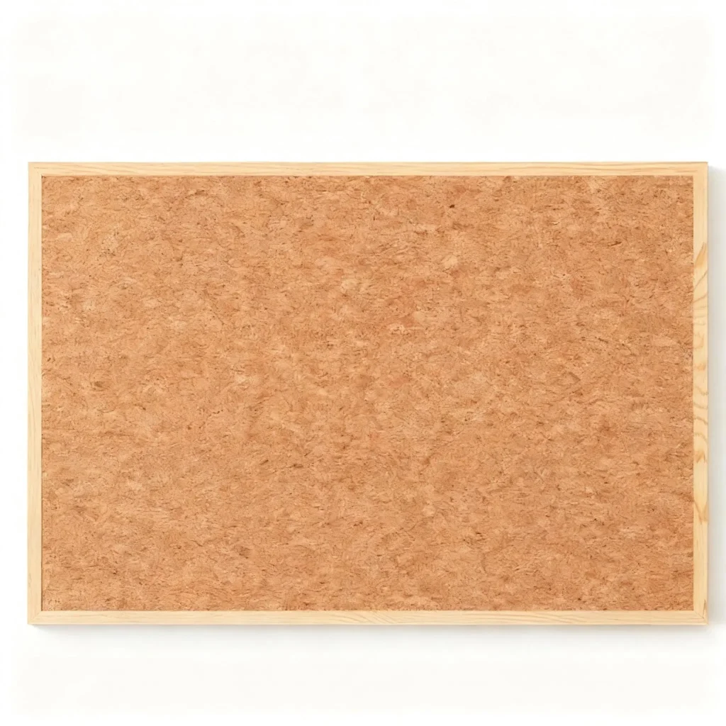 Tablero de anuncios de corcho natural con marco delgado en tono madera