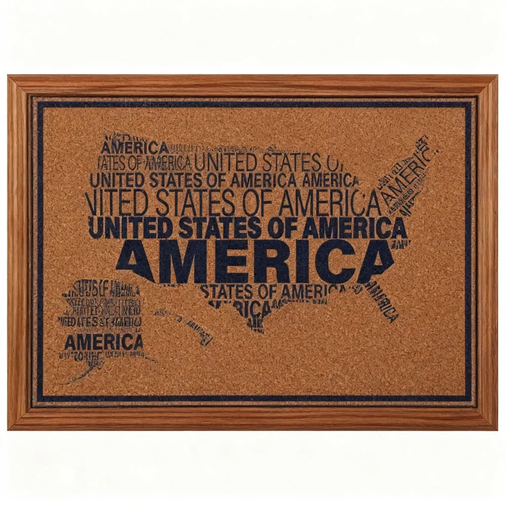 Tipografía EE. UU. Tablero de corcho para anuncios con mapa