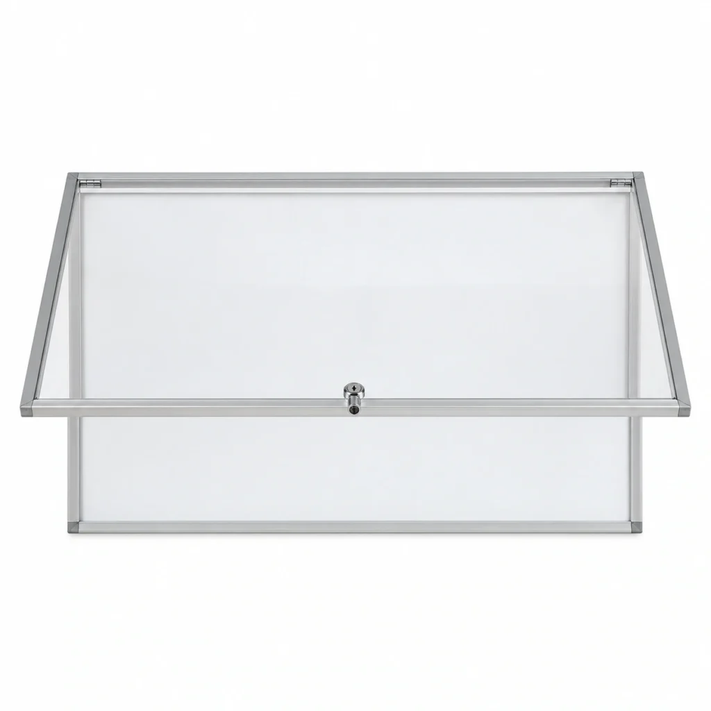 LW-T Vitrina con cerradura y pizarra blanca magnética, bisagra superior