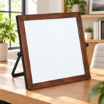 Pizarra blanca de escritorio con marco de madera y base plegable – vista 3