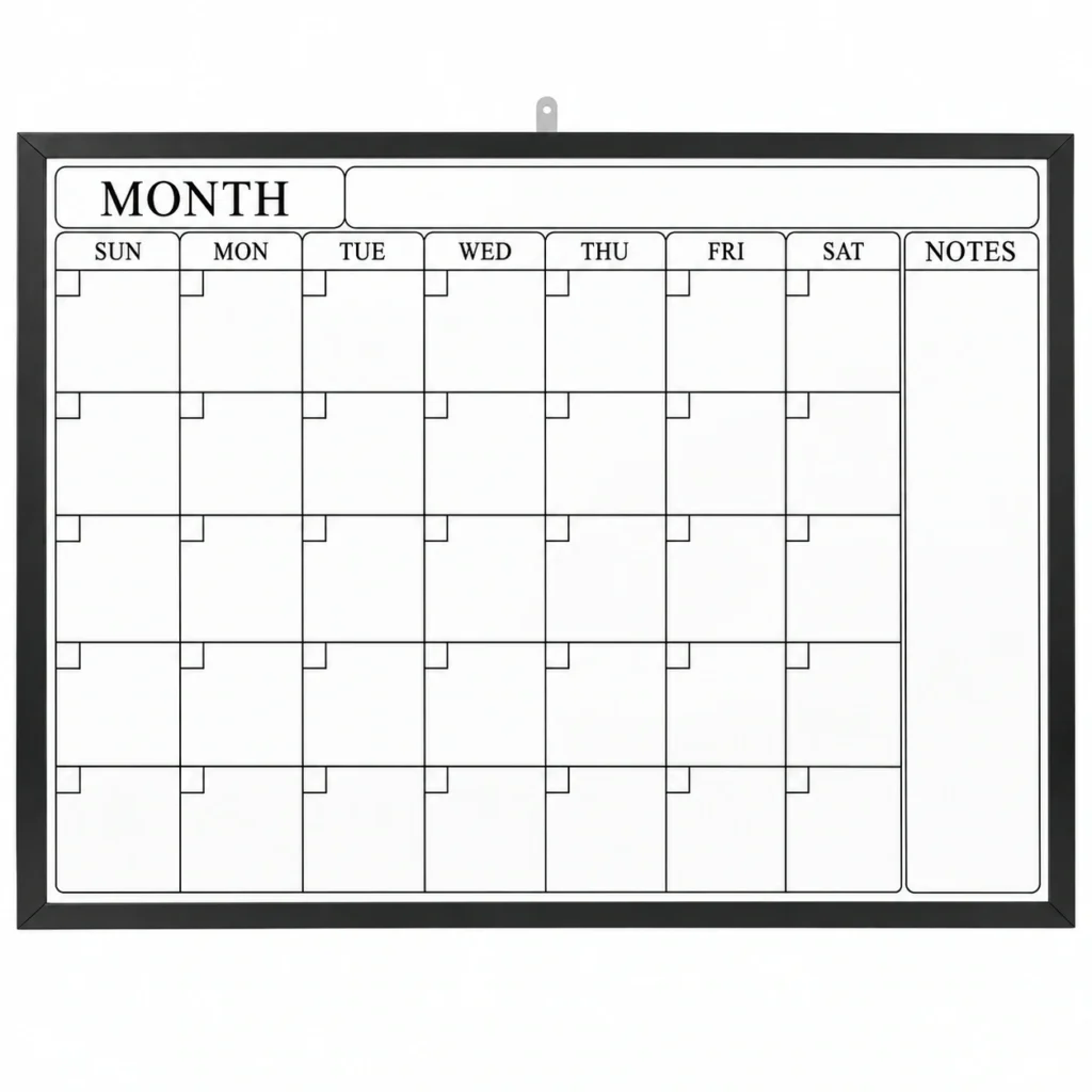 Black Frame Monthly Calendar Whiteboard with Notes Area