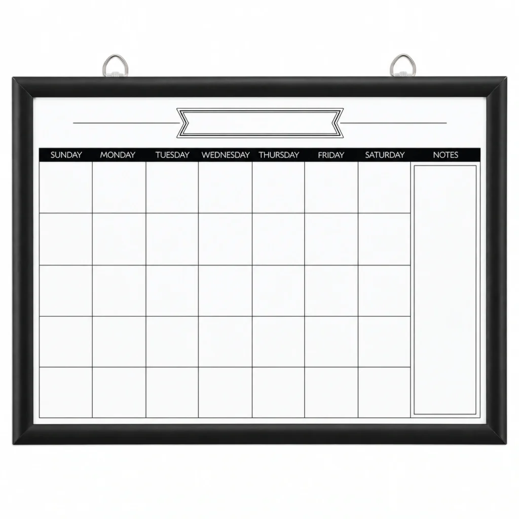Black Frame Monthly Calendar with Notes Column