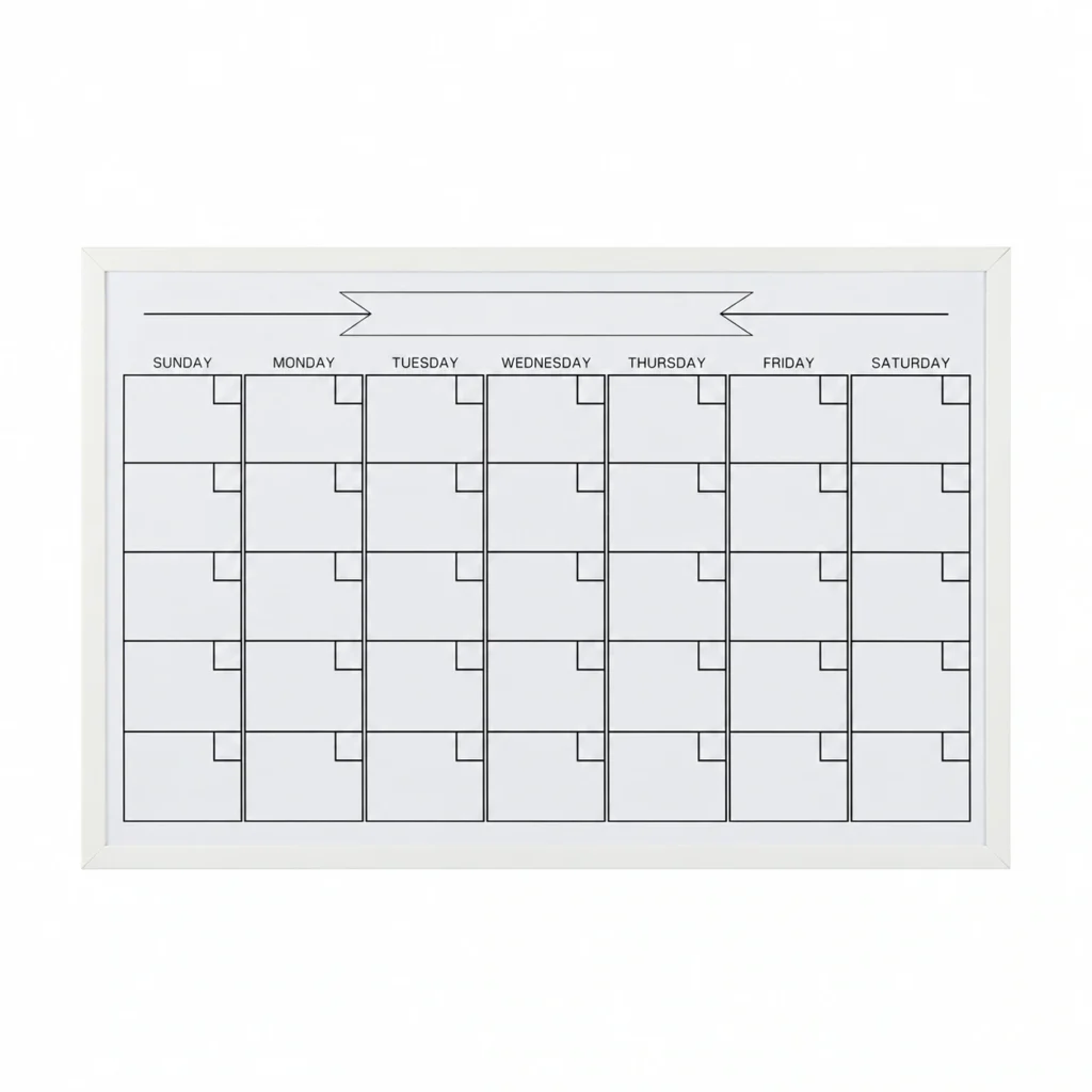 Pizarra de calendario mensual con marco blanco