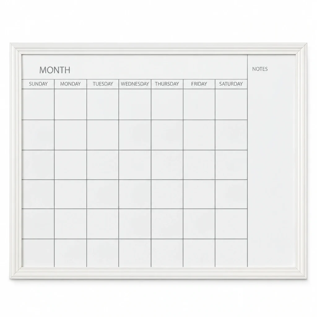 White Frame Monthly Calendar Whiteboard with Notes Column