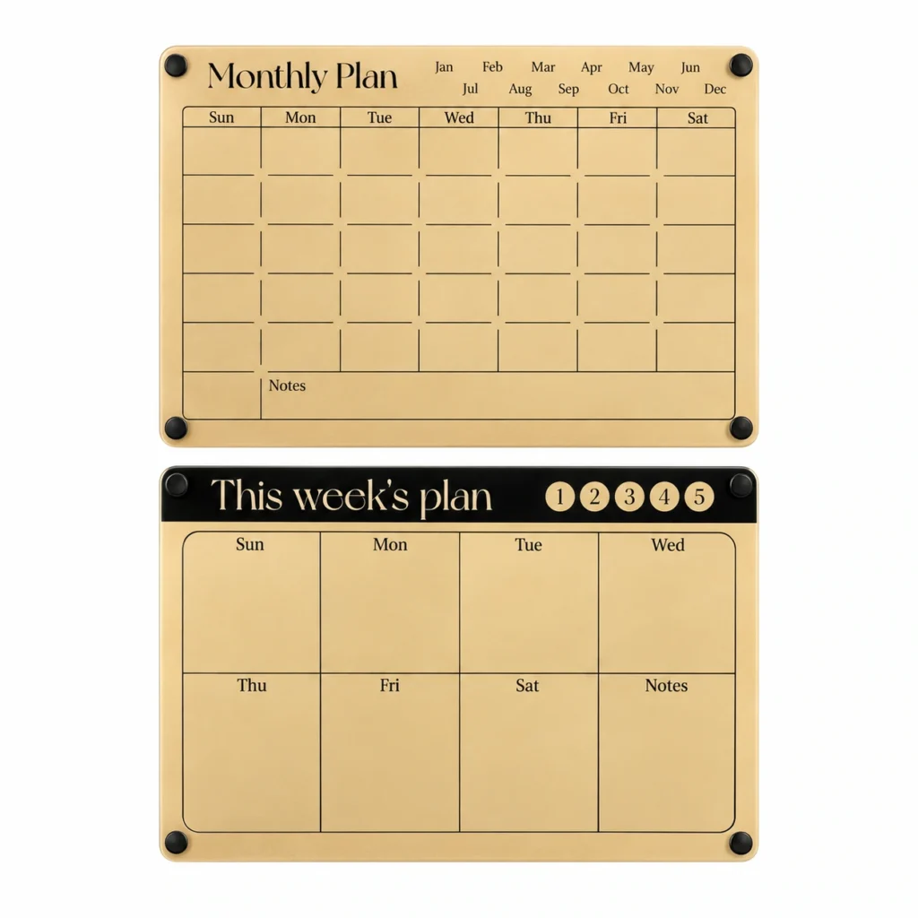 Juego de pizarras de planificación mensual y semanal en tono madera