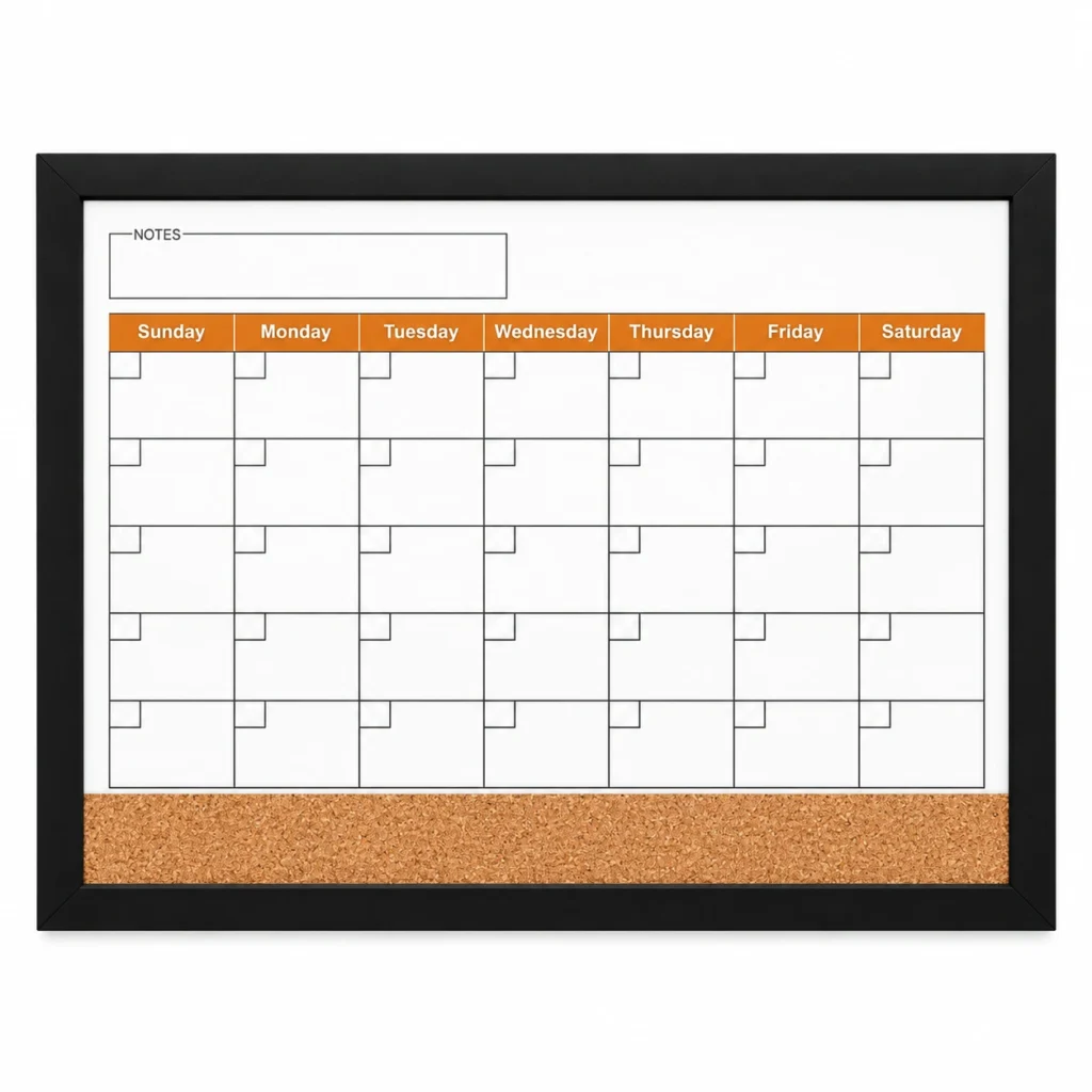 Black Frame Monthly Calendar with Cork Strip