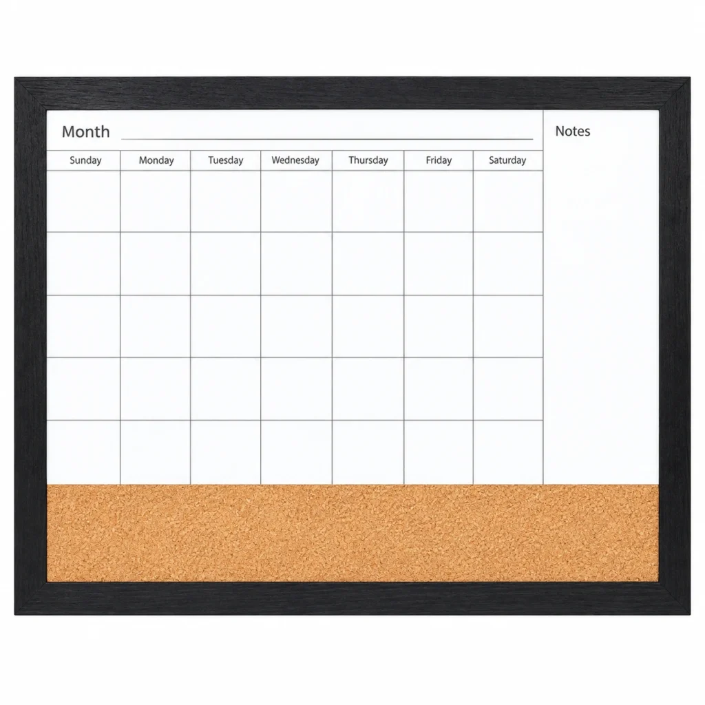 Black Frame Monthly Calendar with Lower Cork Panel