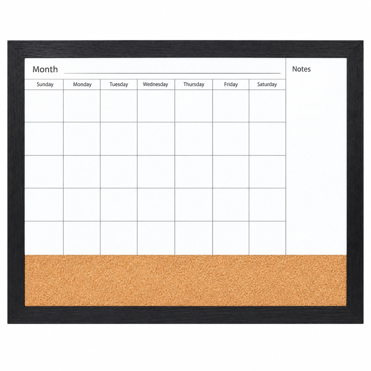 Black Frame Monthly Calendar with Lower Cork Panel
