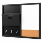 Organizador de pared negro con pizarra blanca, tira de corcho y ganchos – vista 2