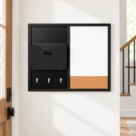 Organizador de pared negro con pizarra blanca, tira de corcho y ganchos – vista 4
