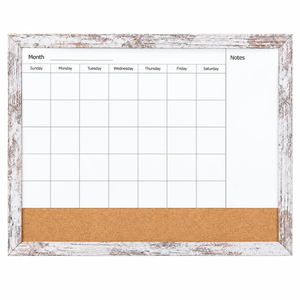 Combo de calendario mensual y tira de corcho con marco envejecido
