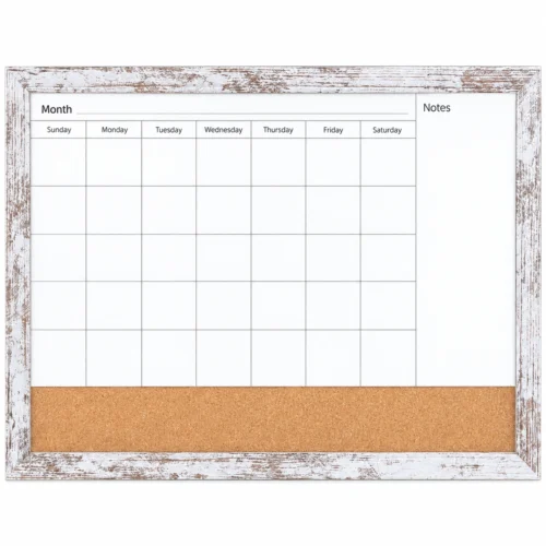 Distressed White Frame Monthly Calendar with Cork Strip