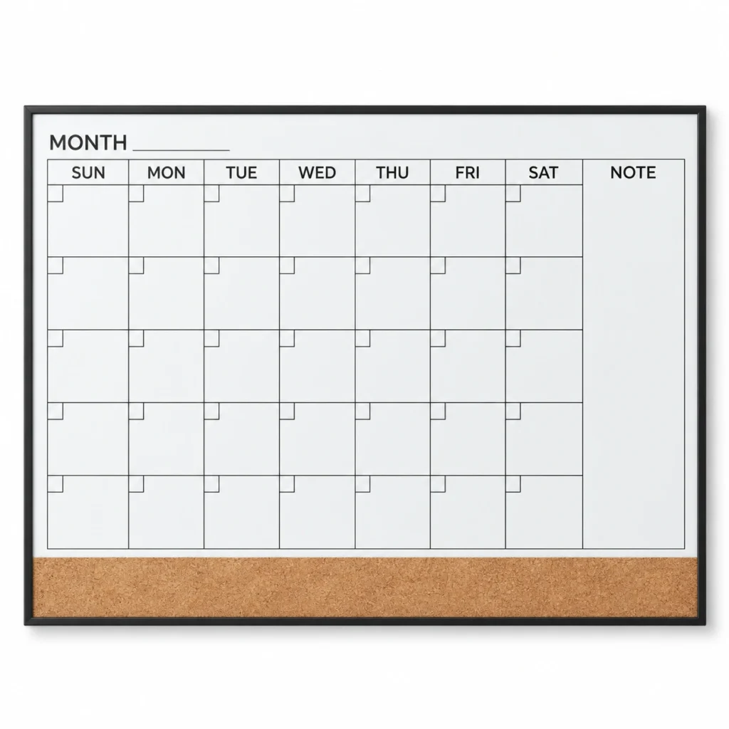 Monthly Calendar Whiteboard with Cork Strip and Notes Column