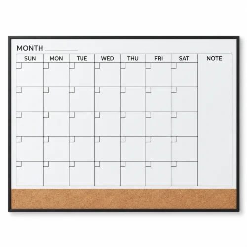 Monthly Calendar Whiteboard with Cork Strip and Notes Column