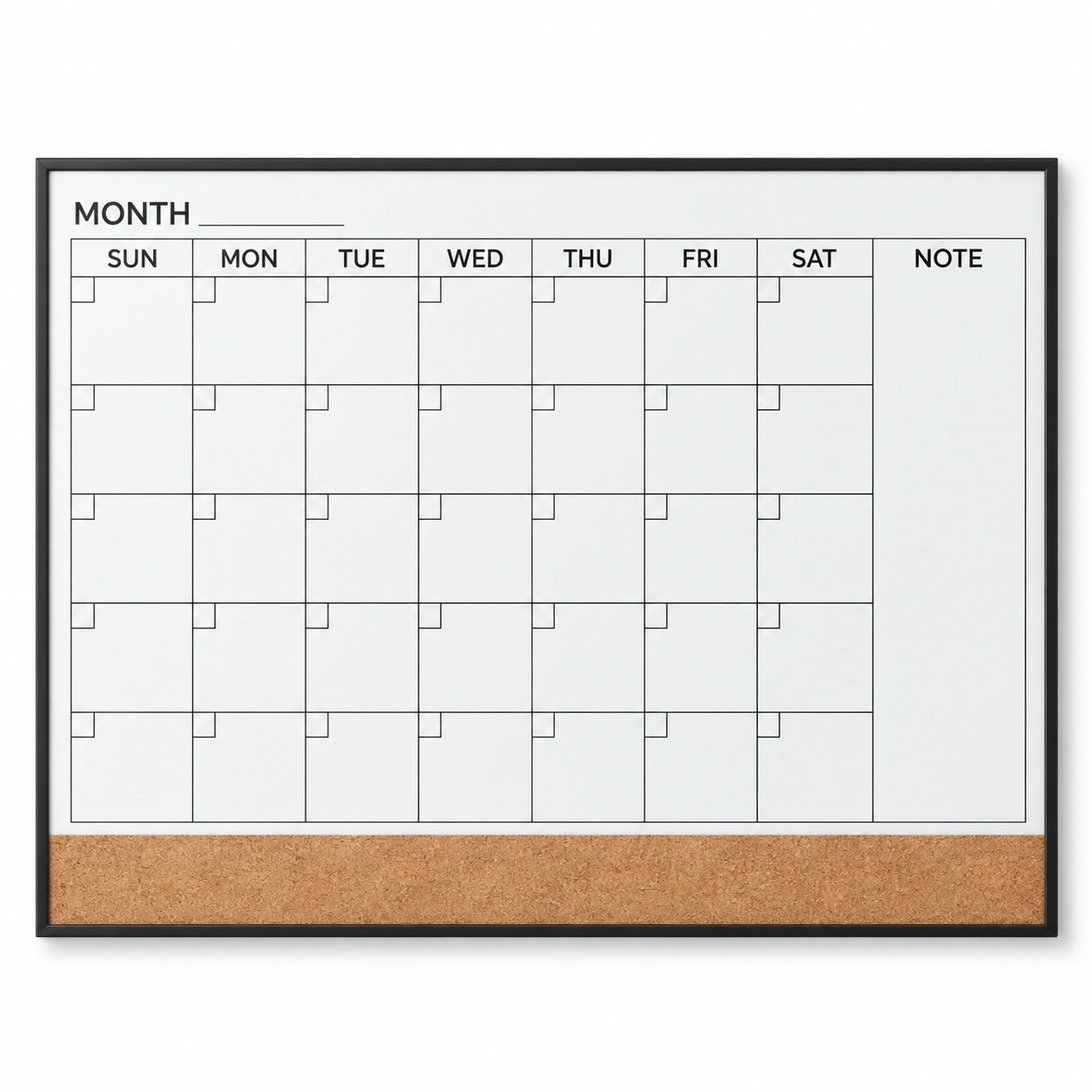 Monthly Calendar Whiteboard with Cork Strip and Notes Column