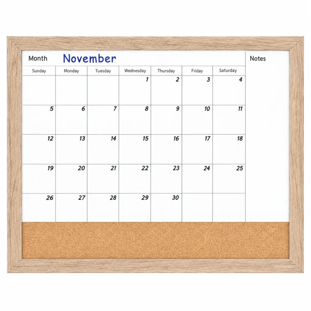 Calendario mensual con marco de madera natural y tira de corcho
