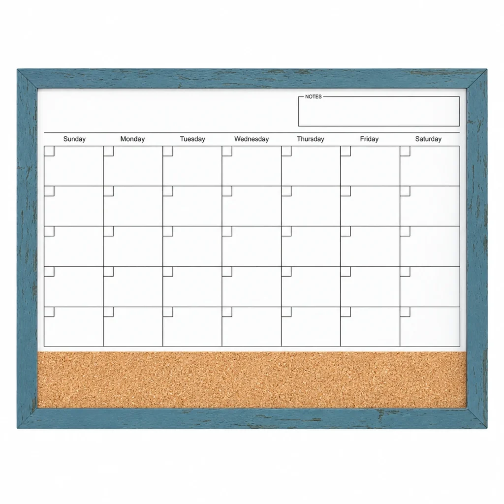 Combo de calendario mensual y tira de corcho con marco verde azulado