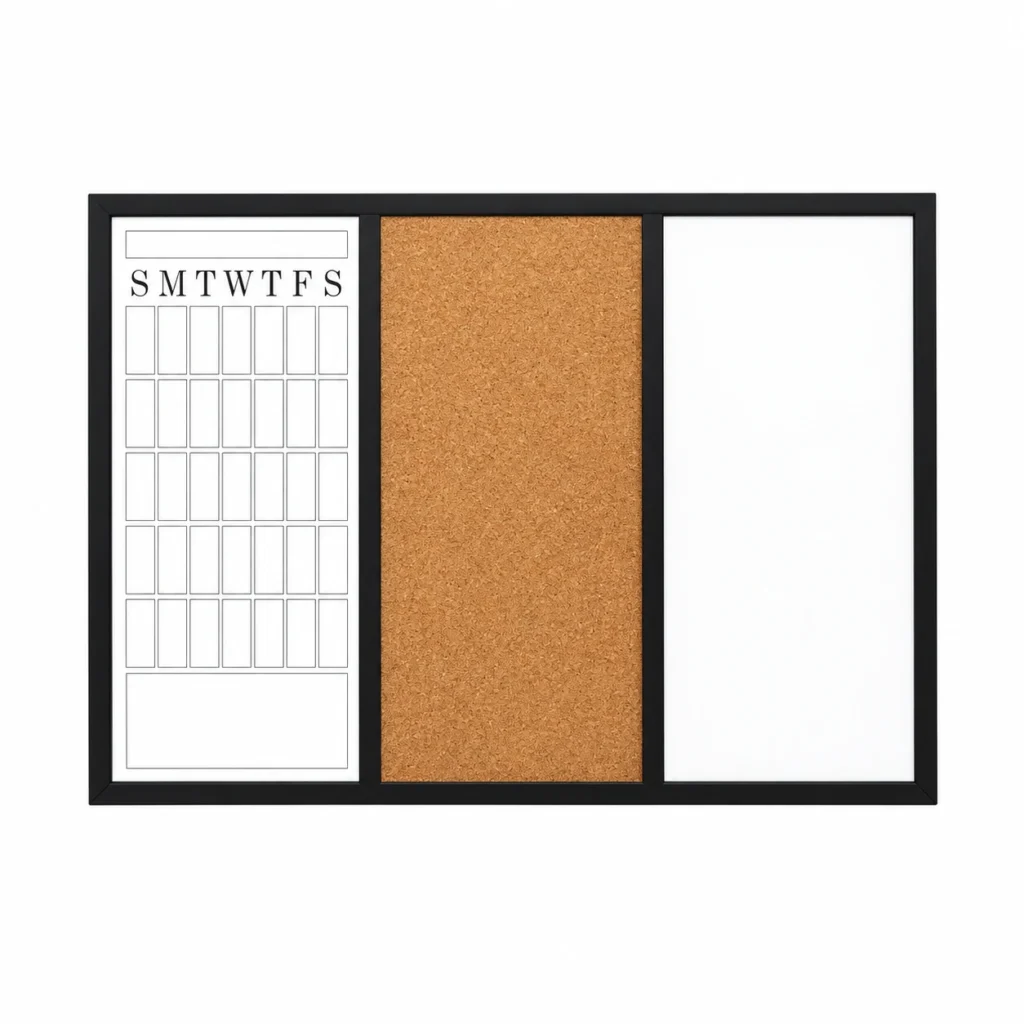 Combo de tres paneles: calendario, corcho y pizarra blanca