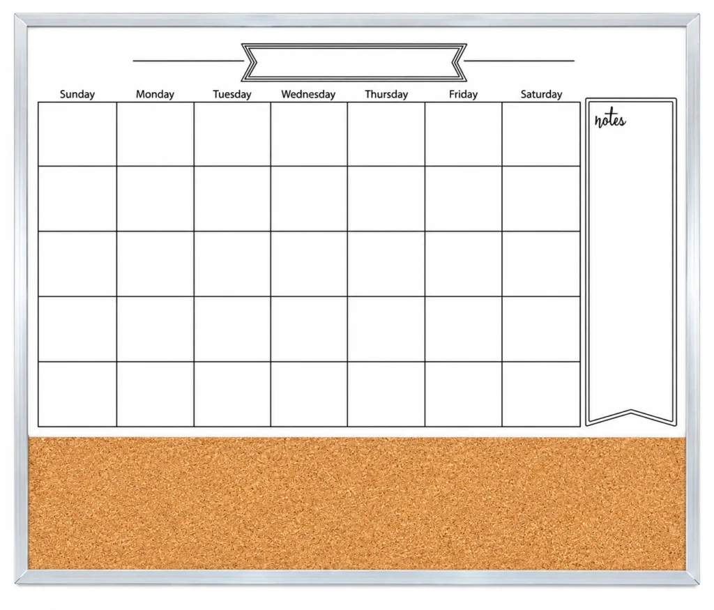 White Frame Monthly Calendar and Cork Strip Combo