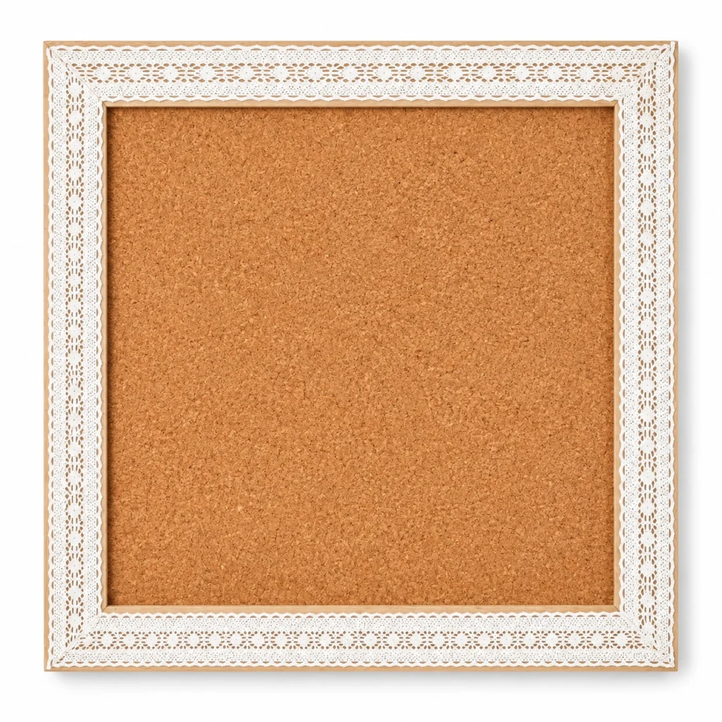 Tablero de corcho con marco blanco decorativo estilo encaje