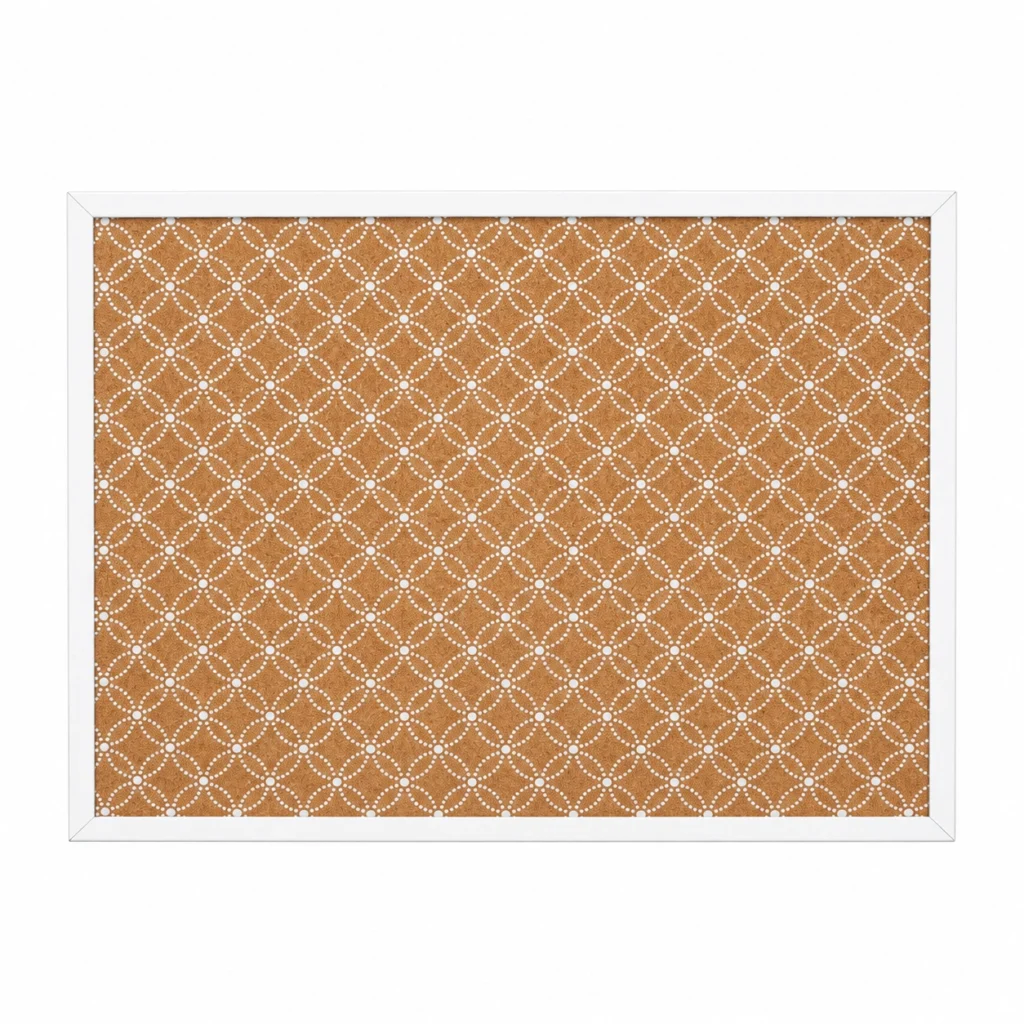 Tablero de corcho con estampado de celosía y marco blanco
