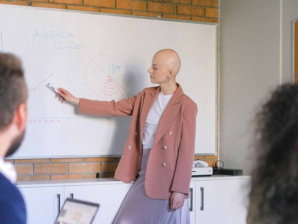 Presenter writing on a wall-mounted whiteboard during a team meeting