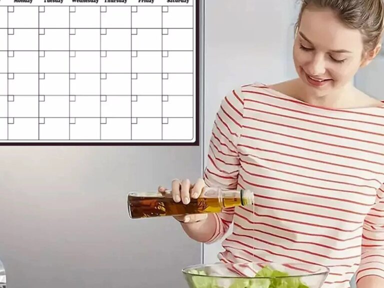 Monthly whiteboard calendar on a kitchen wall at home