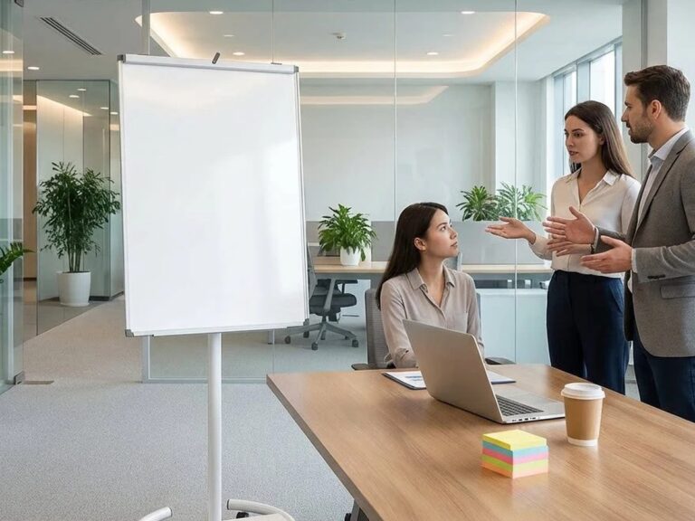 Mobile whiteboard on a stand in a bright meeting room