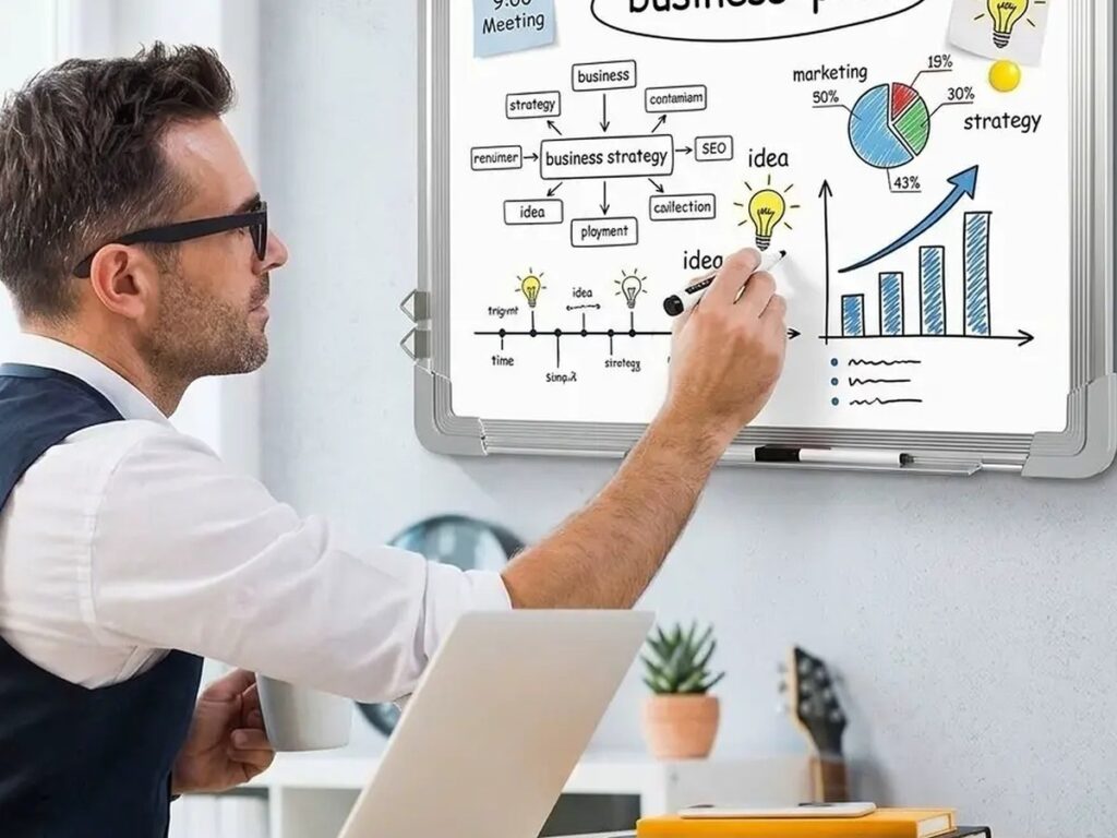 Man planning on a whiteboard in a home office