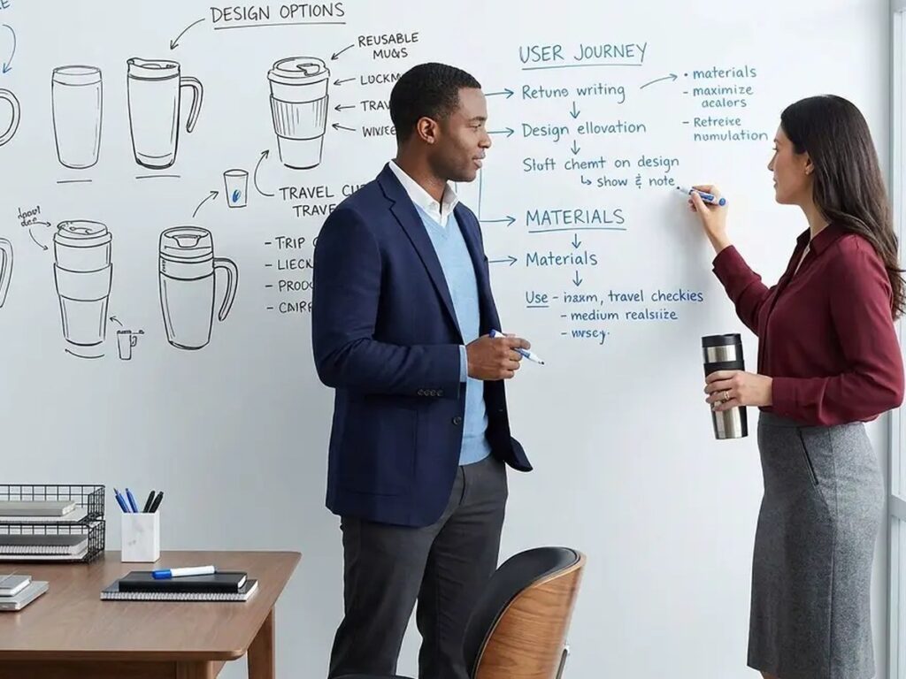 Two colleagues mapping ideas on a large office whiteboard